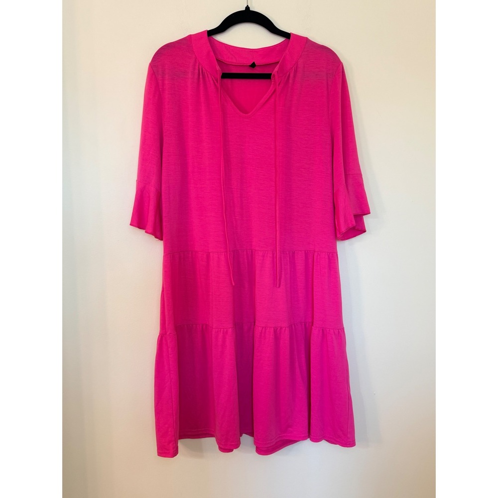 QINCAO Women Hot Pink Tiered Mini Dress Split V-Neck Tie Bell Sleeve Large